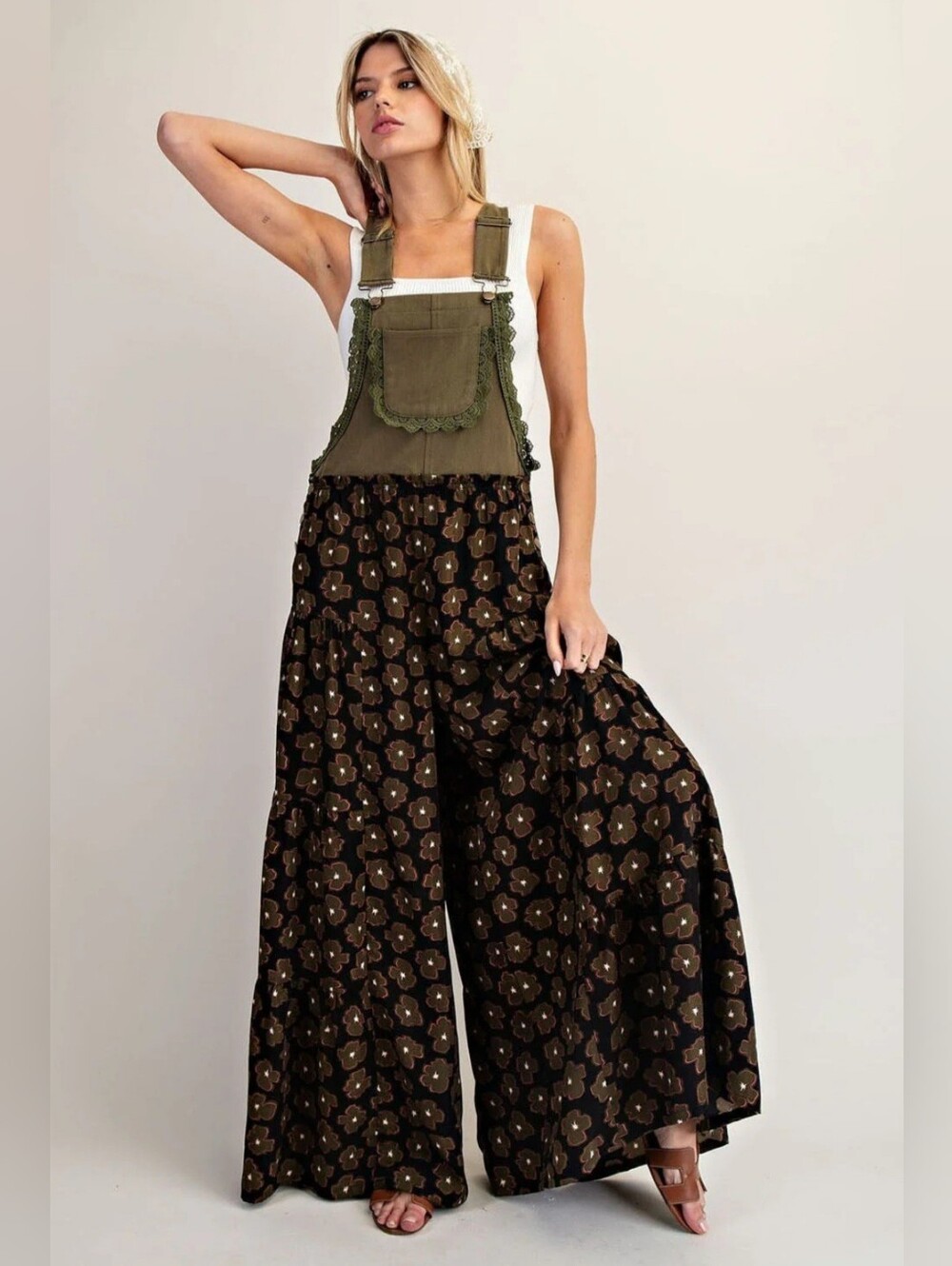 eesome Olive Floral Printed Scalloped Lace Trim Tiered Wide-Leg Jumpsuit - Picture 2 of 10